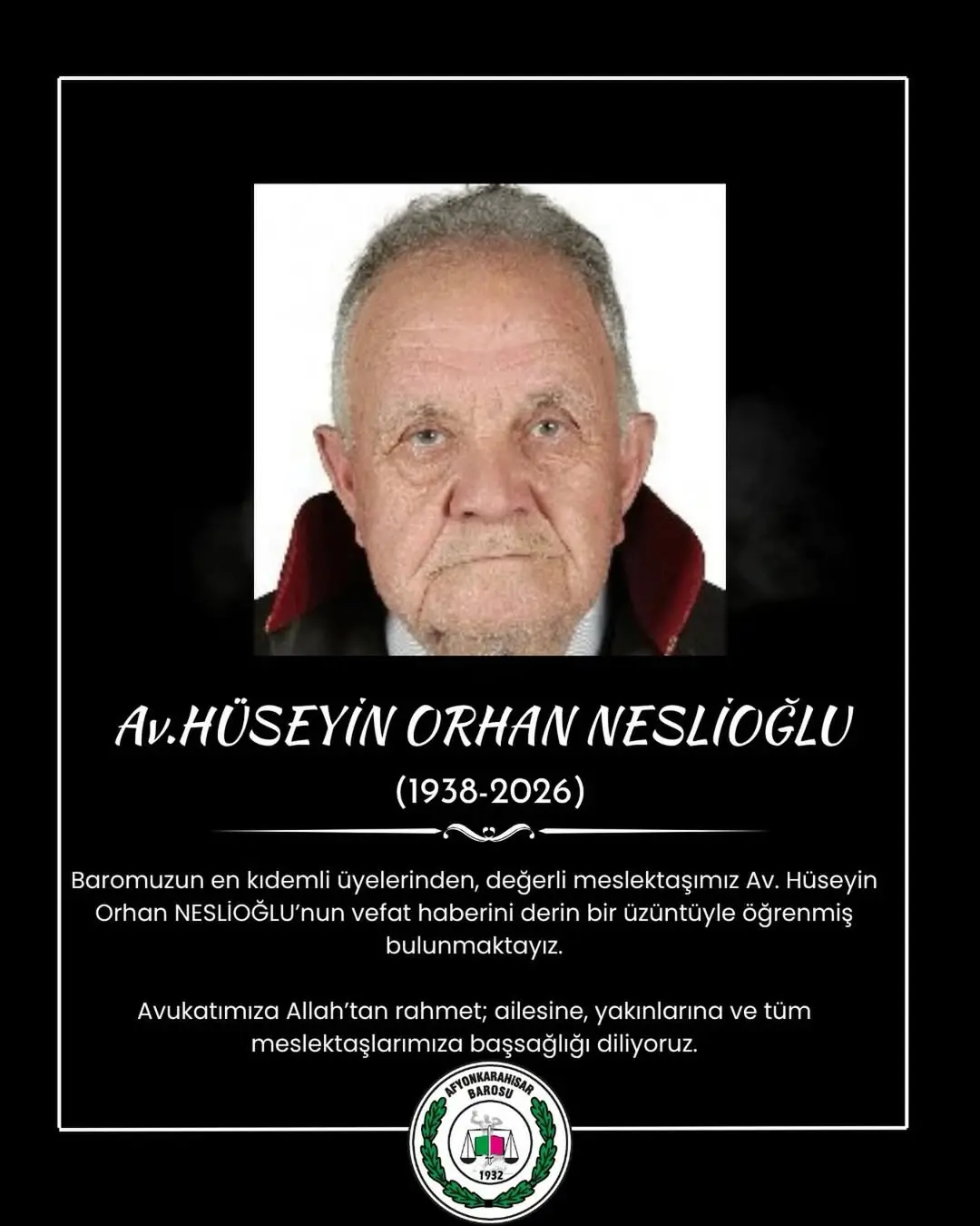 Afyonkarahisar Barosu'ndan Başsağlığı Mesajı