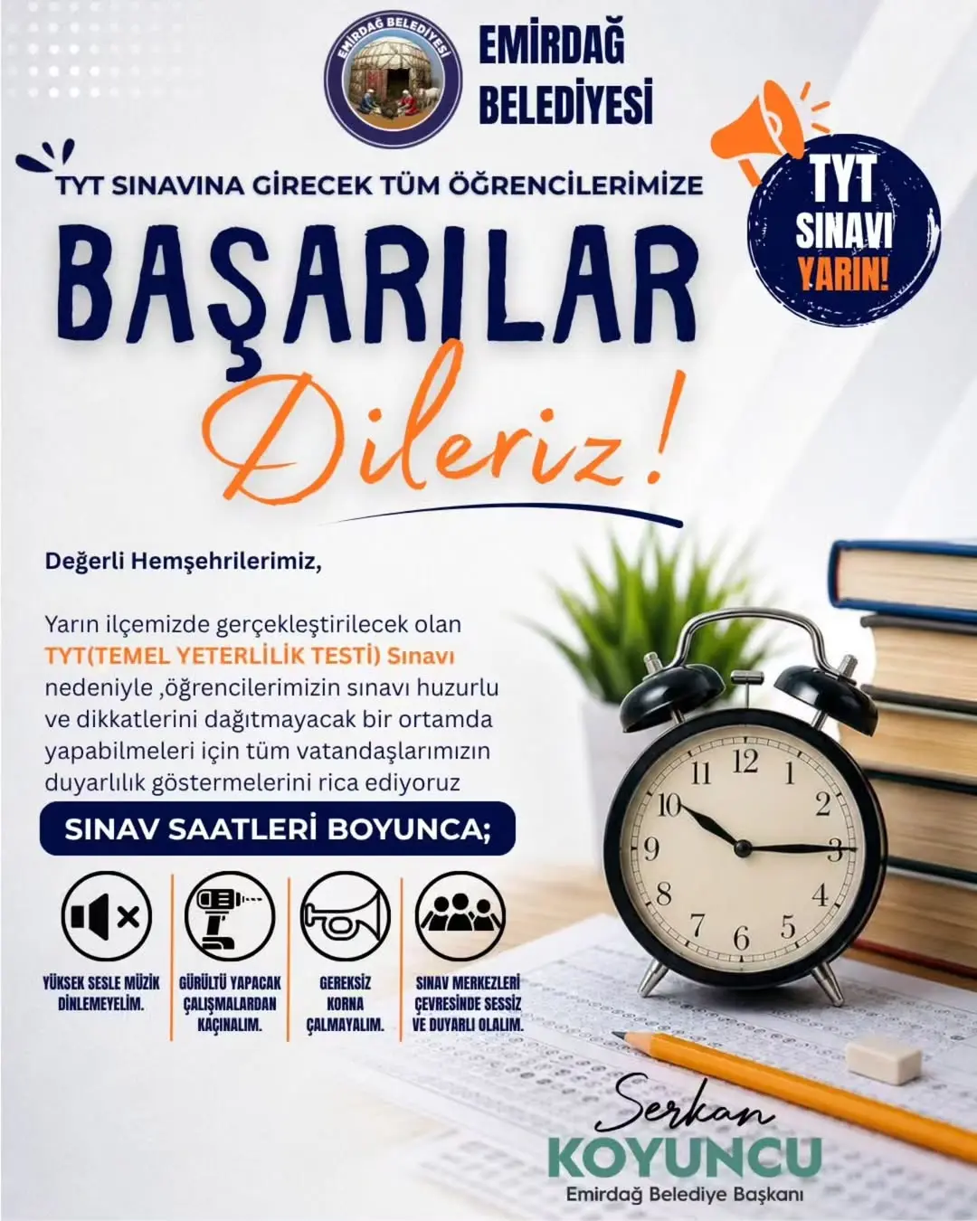 Emirdağ Belediye Başkanı Serkan Koyuncu'dan YKS'ye Girecek Gençlere Başarı Dileği