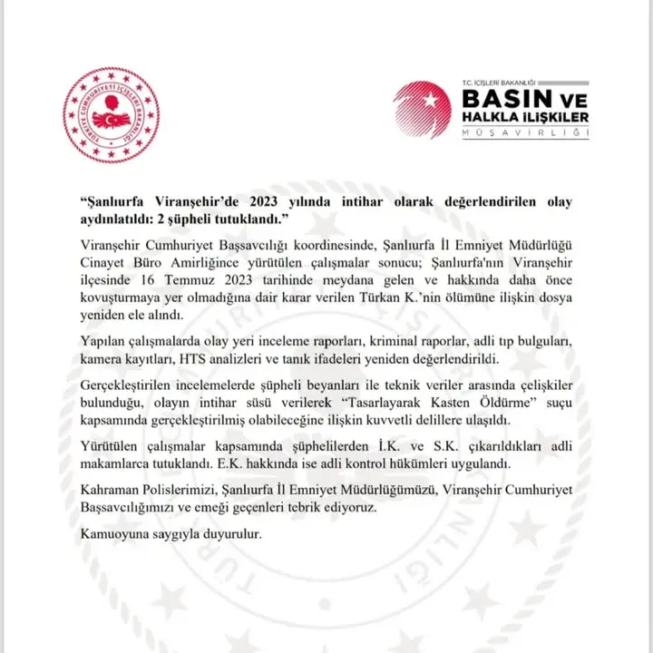 Şanlıurfa’nın Viranşehir ilçesinde 2023 yılında intihar olarak değerlendirilen Türkan K.’nin ölümü, Polis ekiplerince yürütülen ...