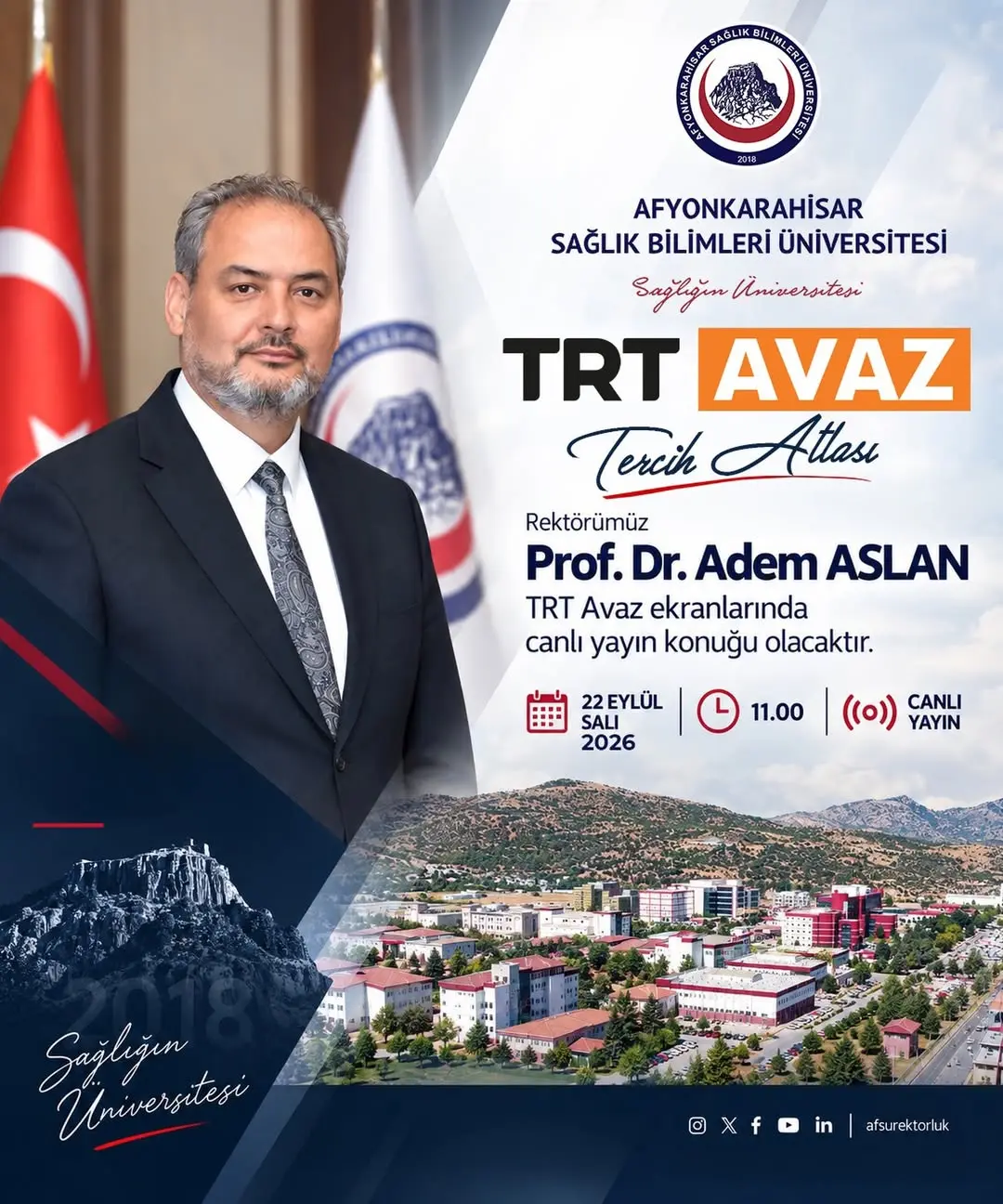 Prof. Dr. Adem Aslan, TRT Avaz'da Tercih Atlası Programının Canlı Yayın Konuğu Olacak